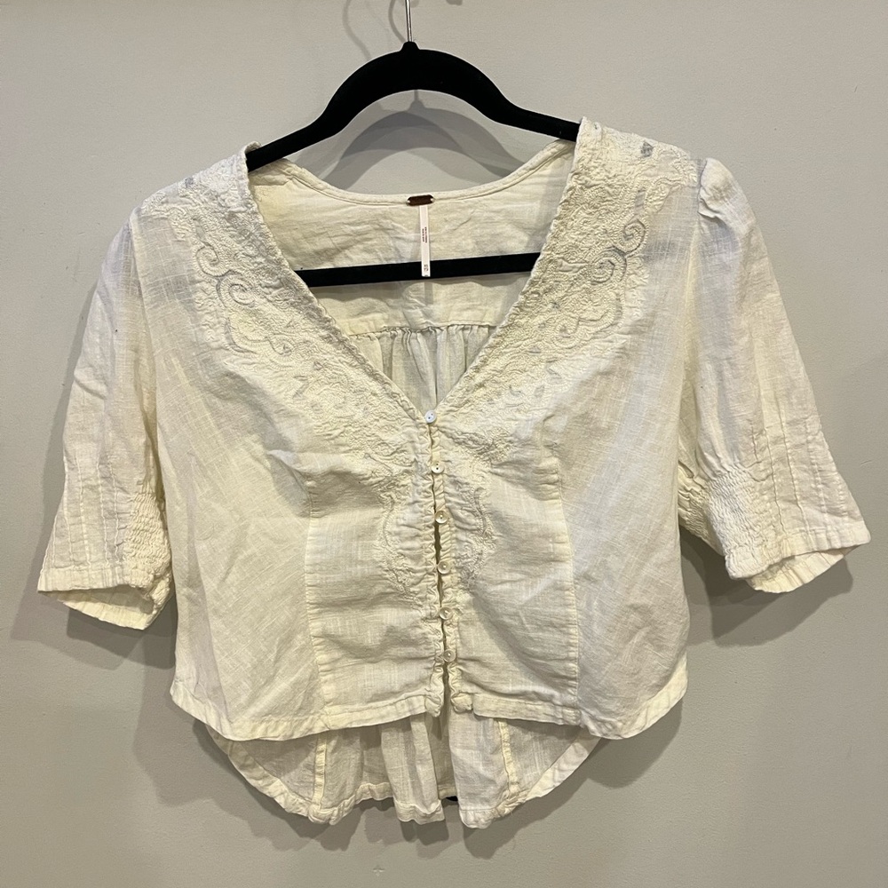 Free People Cream Blouse with Embroidered Details